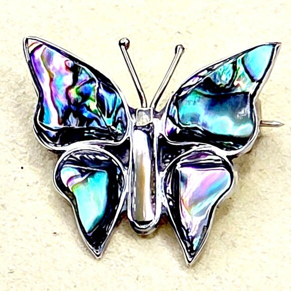 Vintage Taxco 925 Sterling Mexican Silver Abalone Iridescent Butterfly Brooch Pi - Picture 6 of 14